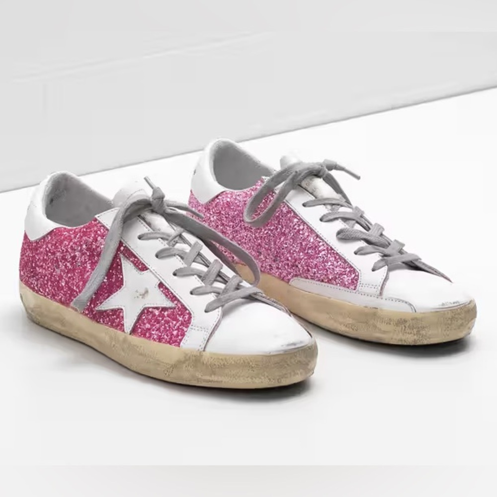 Golden Goose White/Pink Leather and Glitter Super Star Applique Sneakers Size 37